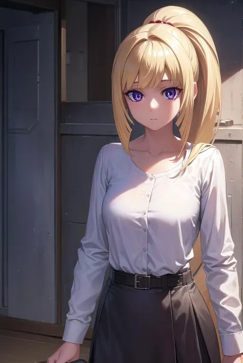 anime girl with blonde hair and blue eyes standing in front of a door