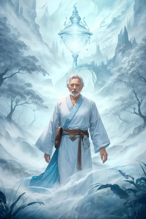 a painting of a man in a white robe standing in a snowy area