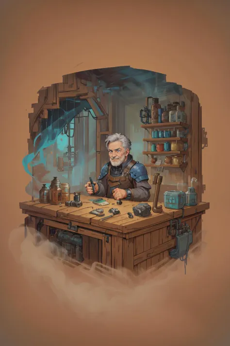 a drawing of a man sitting at a table with a bottle of liquid