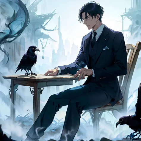 anime character sitting at a table with a crow on it