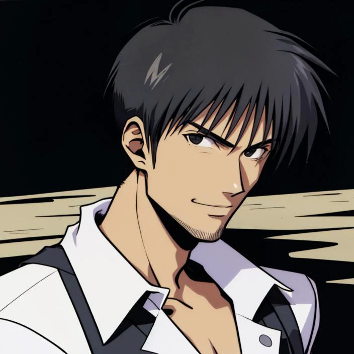 anime guy with black hair and white shirt and suspenders