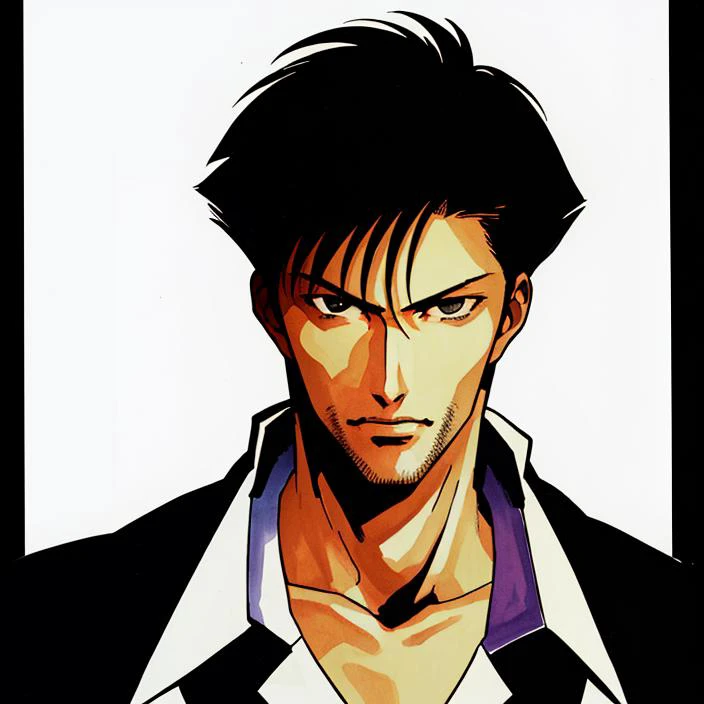 masterpiece, highres, best quality, shinkawa youji, 1man, portrait, traditional media, wolfwood, looking at viewer, black eyes, desert landscape, gradient, <lora:Wolfwoodv1:0.6>, <lora:yojiShinkawaStyle_offset:0.7>