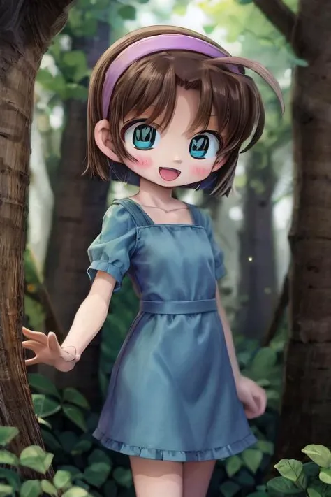 ayumiyoshida, child, blue eyes, short hair, brown hair, bangs, hairband, short dress, :d, standing, forest <lora:ayumi-v2:1>