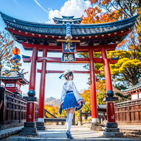 1girl, autumn_leaves, bare_tree, blue_skirt, blue_sky, bridge, cloud, day, from_behind, geta, hat, lantern, multiple_torii, outdoors, short_hair, shrine, skirt, sky, solo, stairs, standing, stone_lantern, tengu-geta, torii, tree, white_legwear, wide_sleeve...