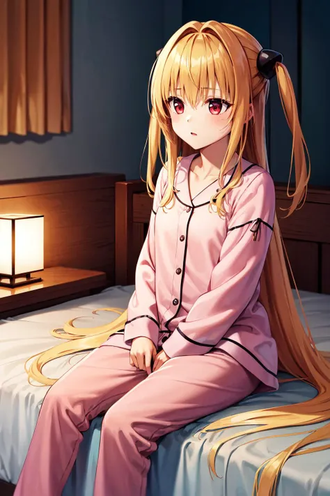 masterpiece, best quality, highres, aayami, very long hair, two side up, hair ornament, <lora:konjiki_no_yami_v1:0.7>, pajama, indoors, sitting, bed, room