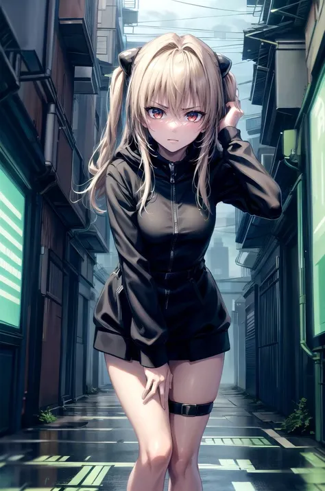 anime girl in black outfit posing in a narrow alley