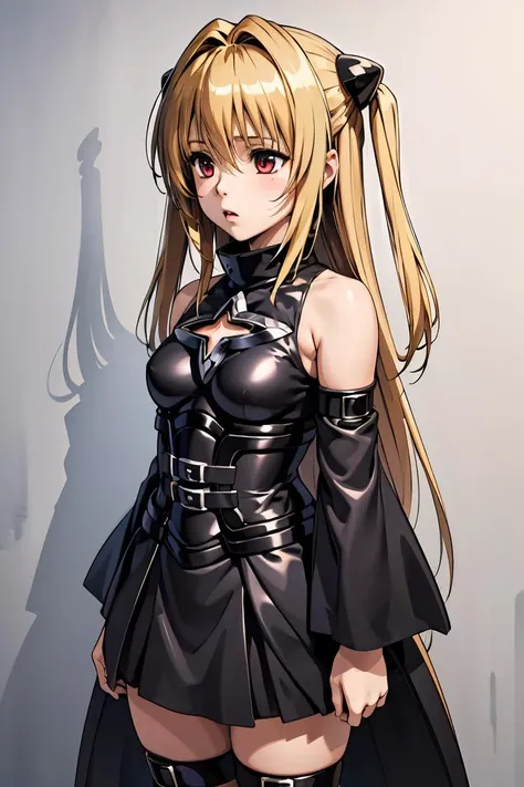 a woman in a black outfit with long blonde hair and a sword