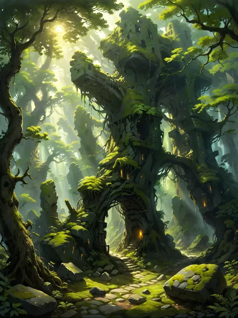 a digital painting of a forest with a path leading through it