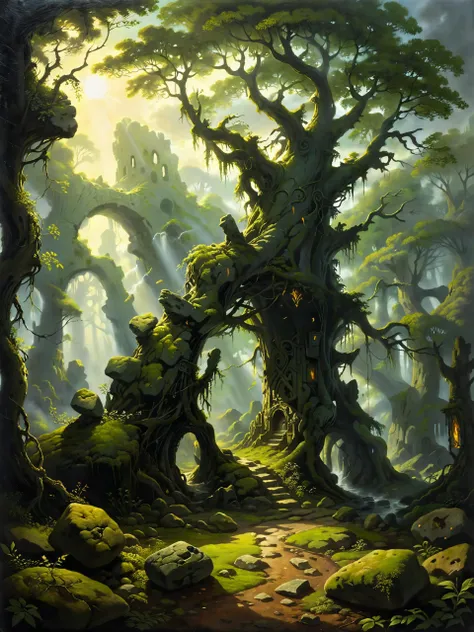 a painting of a forest with a path and a tree