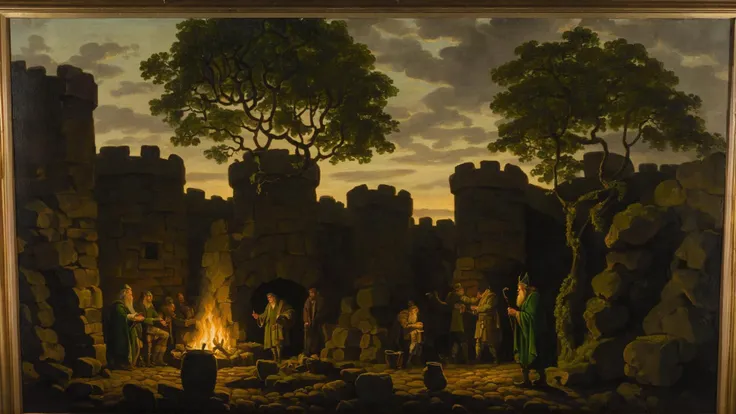 painting of a painting of a group of people standing around a fire