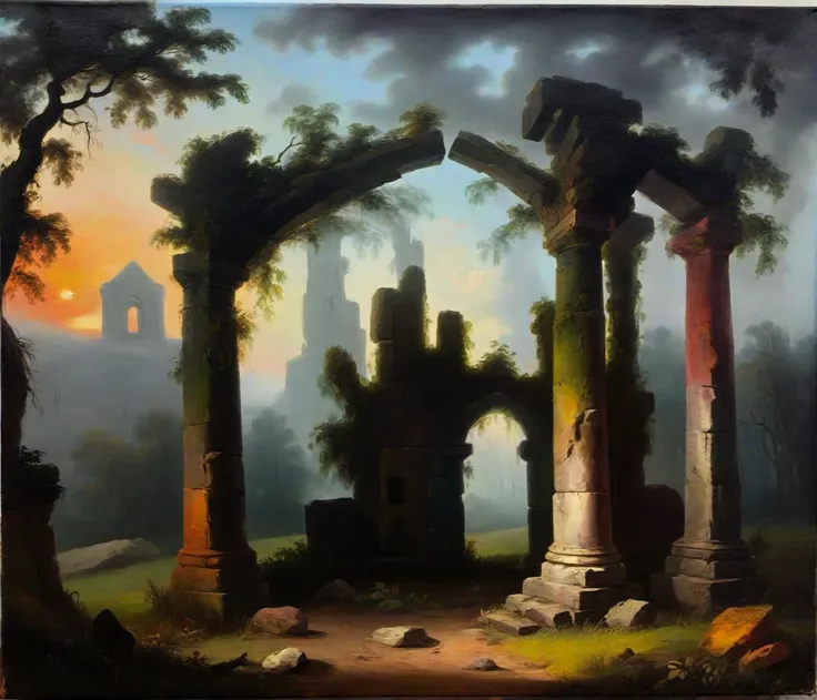 painting of a painting of a ruined building with a forest in the background