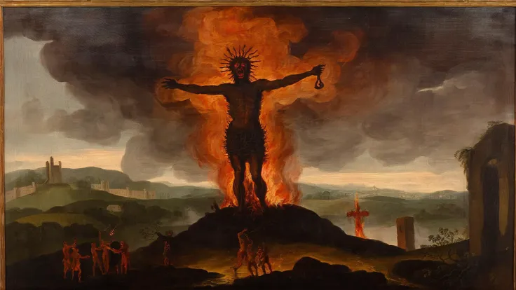 painting of a man standing on a hill with a fire in the background