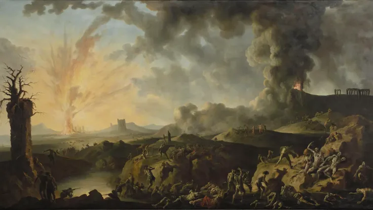 a painting of a painting of a mountain with a fire in the sky