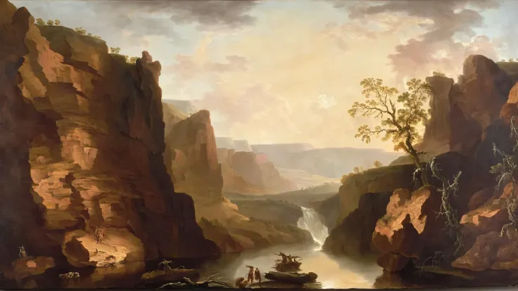 painting of a river with a waterfall and a man on a boat