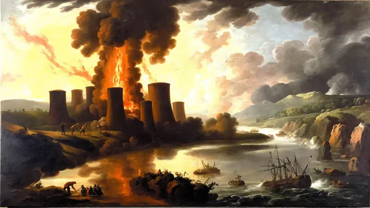 painting of a large fire in a large body of water