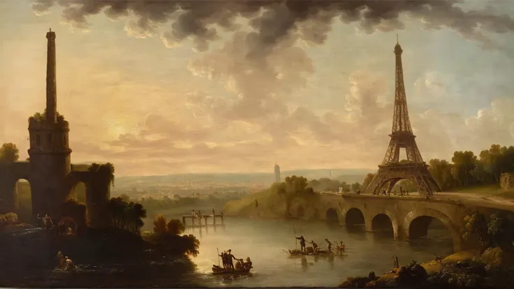 <lora:G30rg3B4rr3tSr_v1:1>, G30rg3B4rr3tSr oil painting, epic landscape, Eiffel tower