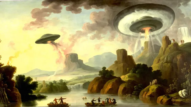 painting of a painting of a spaceship flying over a river