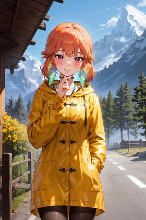 anime girl in yellow raincoat standing on a street with mountains in the background