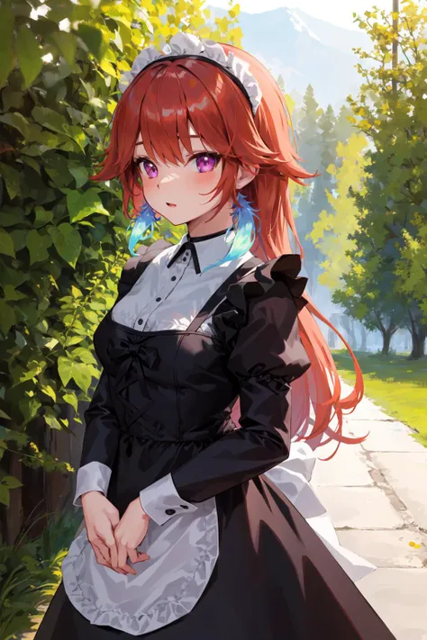 anime girl in maid outfit standing on a sidewalk in front of a bush