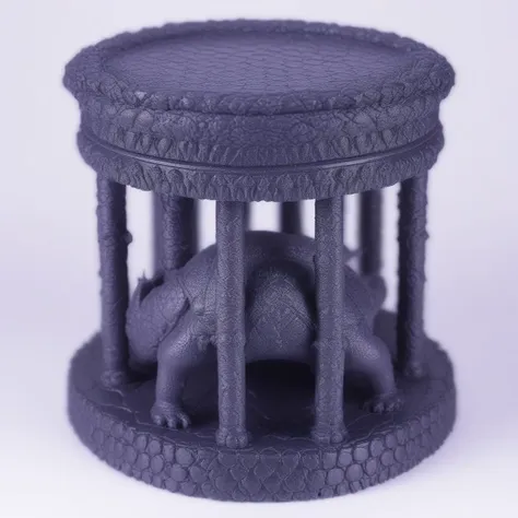 there is a small elephant inside of a cage on a table