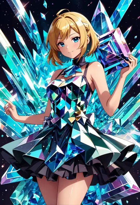 anime style, a woman wearing a dress made out of crystalized bismuth