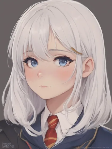 (Cute Anime), (((adorable, cute, kawaii)), young girl, short girl, white hair, long hair, dark blue eyes, sad expression, cute and innocent, worried, shy, curious, Hogwarts black rube, red tie ((with golden lines)), (multiple views:1.7), outline, white out...