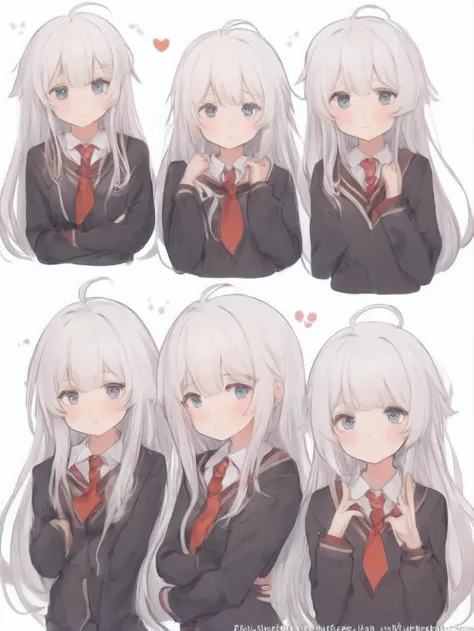 (Cute Anime), (((adorable, cute, kawaii)), young girl, short girl, white hair, long hair, dark blue eyes, sad expression, cute and innocent, worried, shy, curious, Hogwarts black rube, red tie ((with golden lines)), (multiple views:1.7), outline, white out...