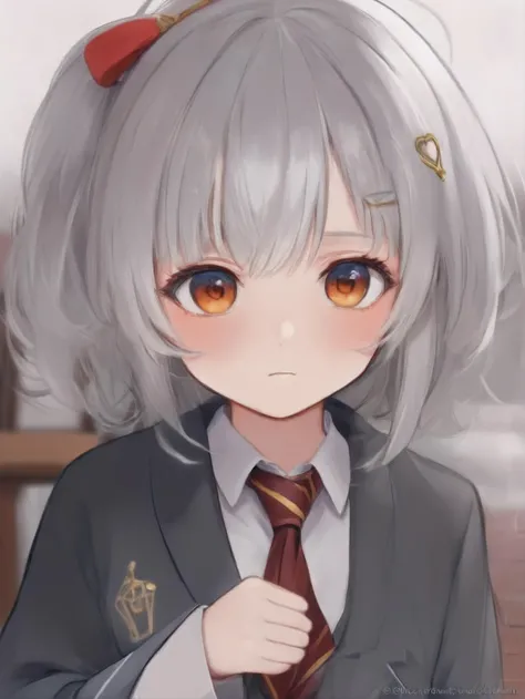 (Cute Anime), (((adorable, cute, kawaii)), young girl, short girl, white hair, long hair, dark blue eyes, sad expression, cute and innocent, worried, shy, curious, Hogwarts black rube, red tie ((with golden lines)), (multiple views:1.7), outline, white out...