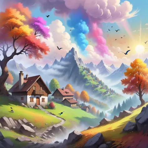 {"prompt": ""Mountain Landscape with Misty Aura, Traditional Swiss Landscape, Rocky Terrain, Human Habitation, Vibrant Tree with Multicolored Leaves, Birds Flying in the Sky, Bright Sunny day, Paint Drips at the Bottom for Dreamy Effect", View: Front Art I...