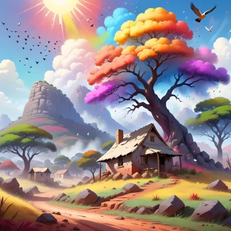 {"prompt": ""Mountain Landscape with Misty Aura, Traditional South African Landscape, Rocky Terrain, Human Habitation, Vibrant Tree with Multicolored Leaves, Birds Flying in the Sky, Bright Sunny day, Paint Drips at the Bottom for Dreamy Effect", View: Fro...