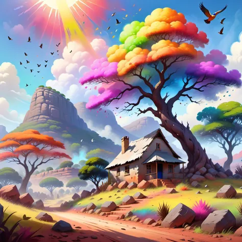 {"prompt": ""Mountain Landscape with Misty Aura, Traditional South African Landscape, Rocky Terrain, Human Habitation, Vibrant Tree with Multicolored Leaves, Birds Flying in the Sky, Bright Sunny day, Paint Drips at the Bottom for Dreamy Effect", View: Fro...