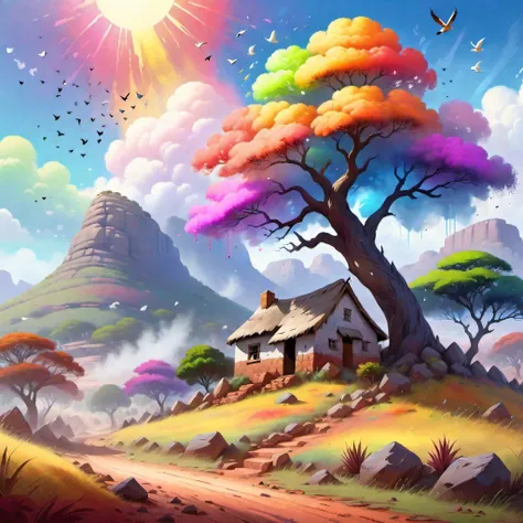 {"prompt": ""Mountain Landscape with Misty Aura, Traditional South African Landscape, Rocky Terrain, Human Habitation, Vibrant Tree with Multicolored Leaves, Birds Flying in the Sky, Bright Sunny day, Paint Drips at the Bottom for Dreamy Effect", View: Fro...