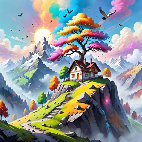 {"prompt": ""Mountain Landscape with Misty Aura, Traditional Swiss Landscape, Rocky Terrain, Human Habitation, Vibrant Tree with Multicolored Leaves, Birds Flying in the Sky, Bright Sunny day, Paint Drips at the Bottom for Dreamy Effect", View: Front Art I...