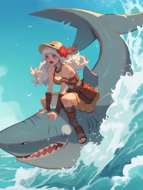 a woman riding a shark with a hat on top of it