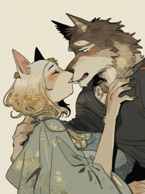 a couple of people that are kissing each other with a wolf