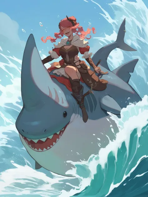 a woman riding a shark with a pirate hat on