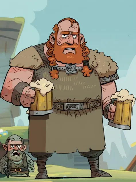 a cartoon of a man with a beard holding two mugs