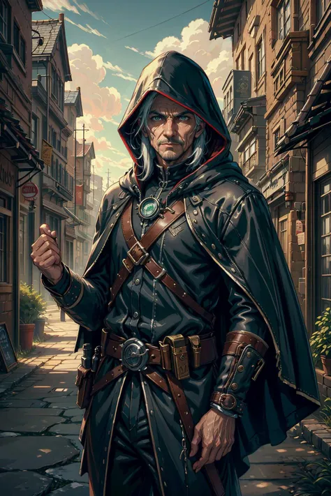 a man in a hooded jacket holding a knife in a street