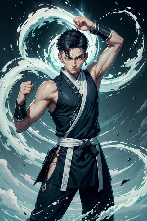 a man in a black outfit holding a sword in front of a swirling swirl