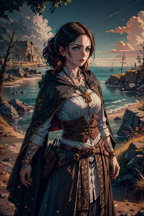 a woman in a medieval dress standing on a rocky beach