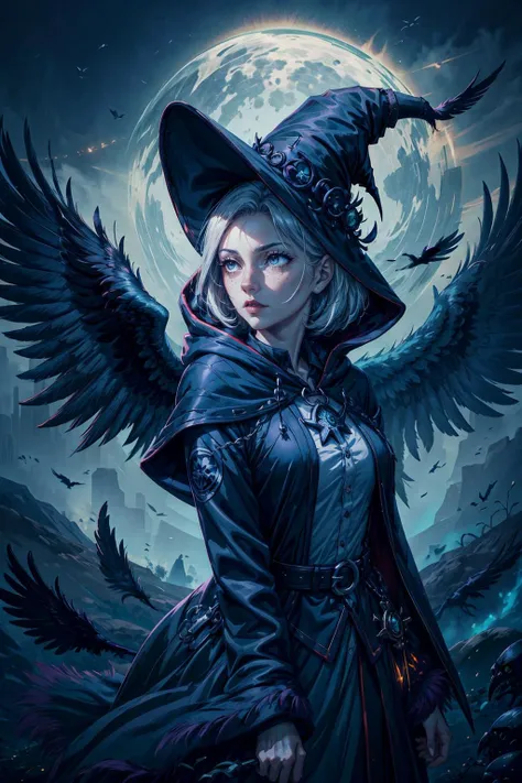 a woman in a witch hat and black cloak with wings