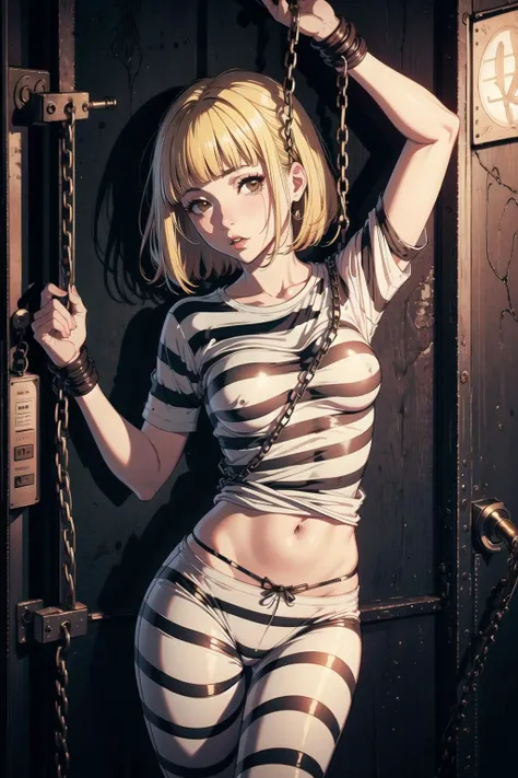 beautiful curte midorikawa hana stadning in prison, (prison clothes:1.1), striped shirt, striped pants, unity 8k wallpaper,masterpiece, cinematic lighting, medium breasts, bondage, chain,bound wrists,looking at viewer, naughty face,    <lora:MidorikawaHana...