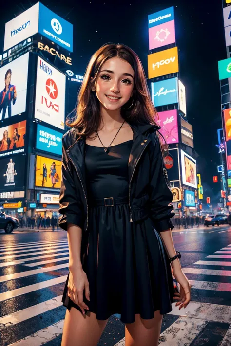 <lora:MH:.7>, long brown hair, brown eyes, wearing a black cocktail dress, jacket, looking at viewer, smiling, medium shot, cute pose, 
outside, timesquare,crosswalk,happy new year,large monitor, night time, crowd, neon lighting, high quality, masterpiece,...