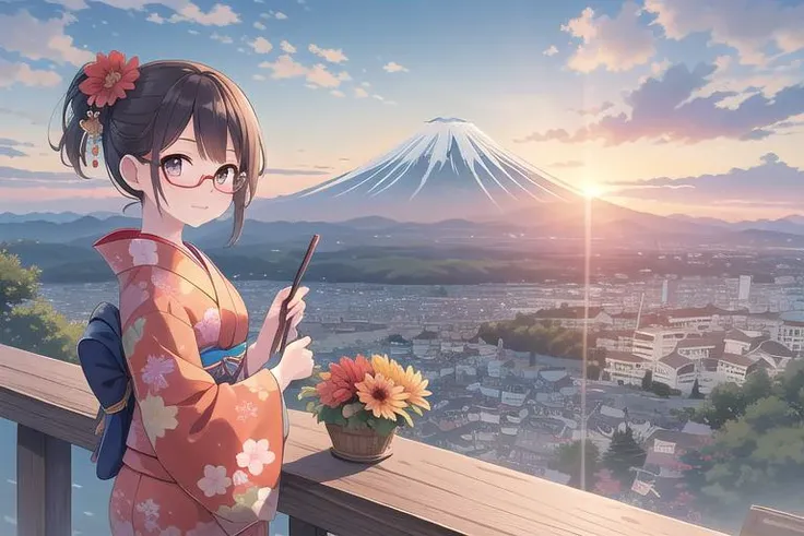 masterpiece,ultra detail,best quality,firstSunrise,outdoors,mount fuji,mountainous horizon,sunrise,sunlight,city,ocean,girl,kimono,glasses,cloud,hold postcard