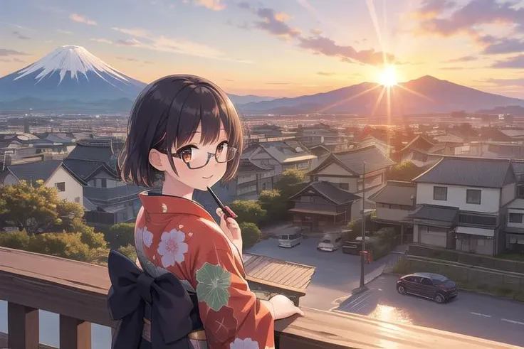 masterpiece,ultra detail,best quality,firstSunrise,outdoors,mount fuji,mountainous horizon,sunrise,sunset,sunlight,city,ocean,girl,kimono,glasses