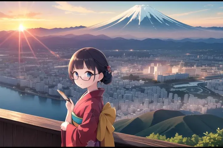 masterpiece,ultra detail,best quality,firstSunrise,outdoors,mount fuji,mountainous horizon,sunrise,sunlight,city,ocean,girl,kimono,glasses,cloud,hold postcard