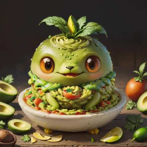 very cute appealing anthropomorphic guacamole Djinn, looking at the viewer, macro, cinematic lighting, fantasy art, dynamic composition, epic realistic, award winning illustration <lora:FoodPets:1> Foodpets