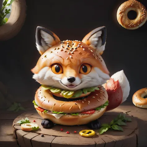 very cute appealing anthropomorphic bagel Red fox, looking at the viewer, macro, cinematic lighting, fantasy art, dynamic composition, epic realistic, award winning illustration <lora:FoodPets:1> Foodpets