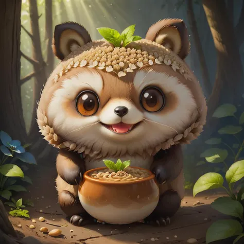 very cute appealing anthropomorphic buckwheat Tanuki, looking at the viewer, macro, cinematic lighting, fantasy art, dynamic composition, epic realistic, award winning illustration <lora:FoodPets:1> Foodpets