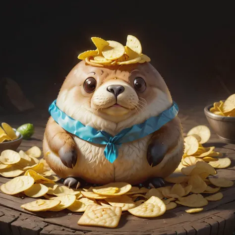 very cute appealing anthropomorphic chips Walrus, looking at the viewer, macro, cinematic lighting, fantasy art, dynamic composition, epic realistic, award winning illustration <lora:FoodPets:1> Foodpets